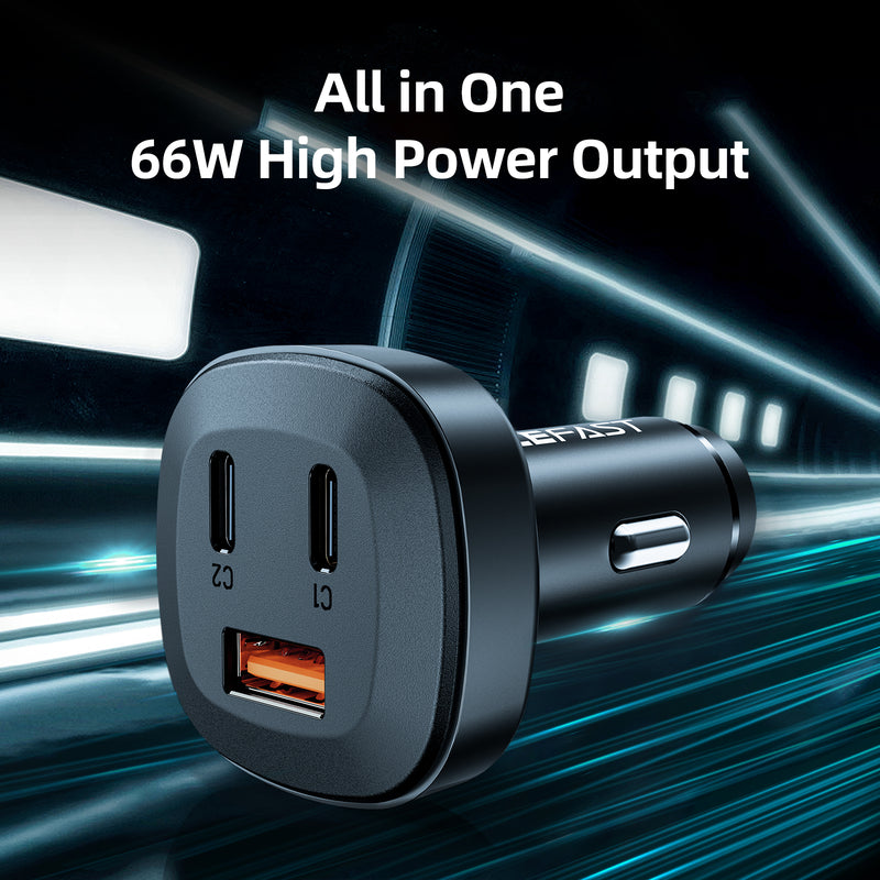 66W 3-Port Super Fast Car Charger w/ 2 x USB-C + UAB-A, Zinc Alloy Body (B3)