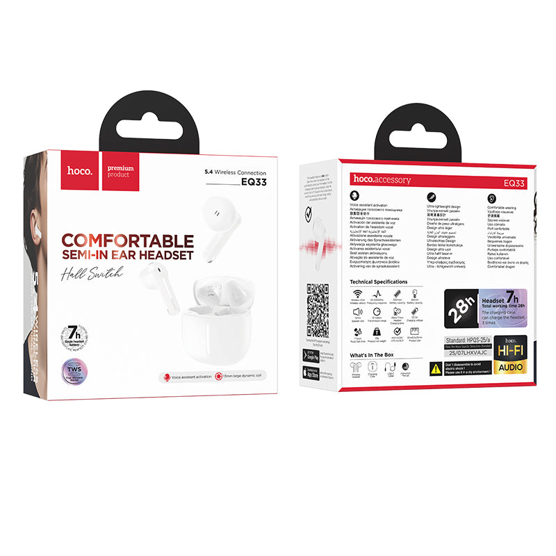 Comfortable Semi-In-Ear TWS Earbuds with 7 Hours, Hoco Music App (EQ33)