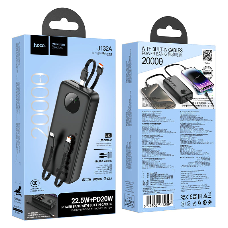 22.5W PD+QC Power Bank with LED % Display, 2 Built-in Cables (20000mAh