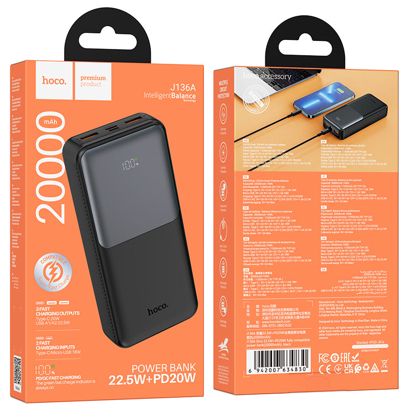 22.5W PD+QC Power Bank w/ LED % Display (20000mAh) (J136A)
