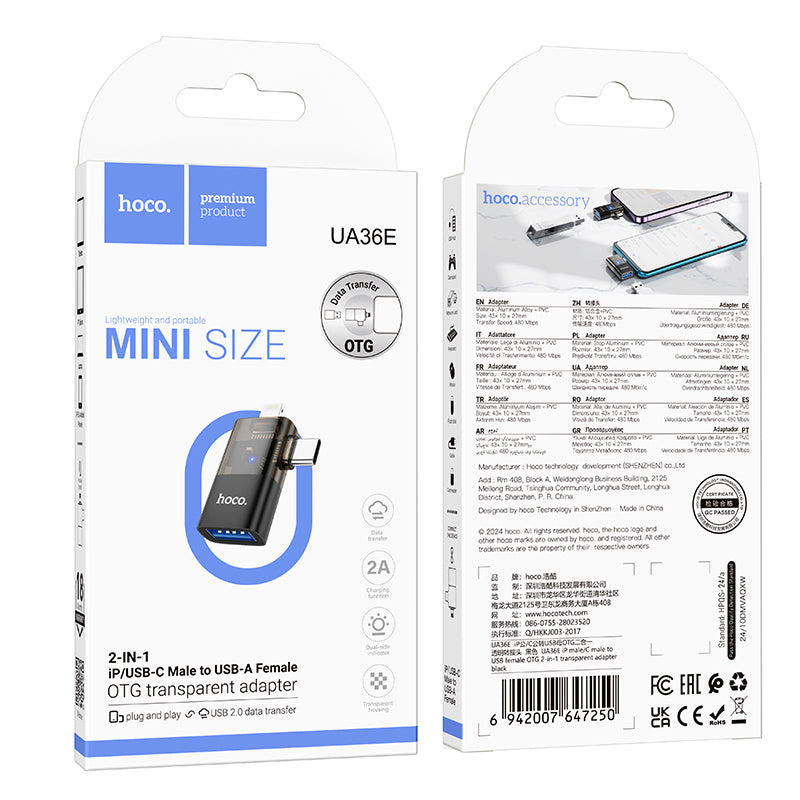 2 in 1 OTG Adaptor w/ Lightning & USB-C male to USB-A female, Plug and Play, Data Transfer (UA36E)