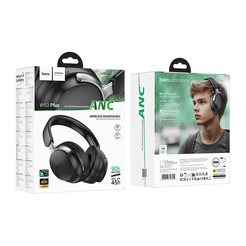 Premium Bluetooth Headset w/ 90 Hours, ANC Noise Cancelling, Light Weight Comfort Fit (W53 Plus)