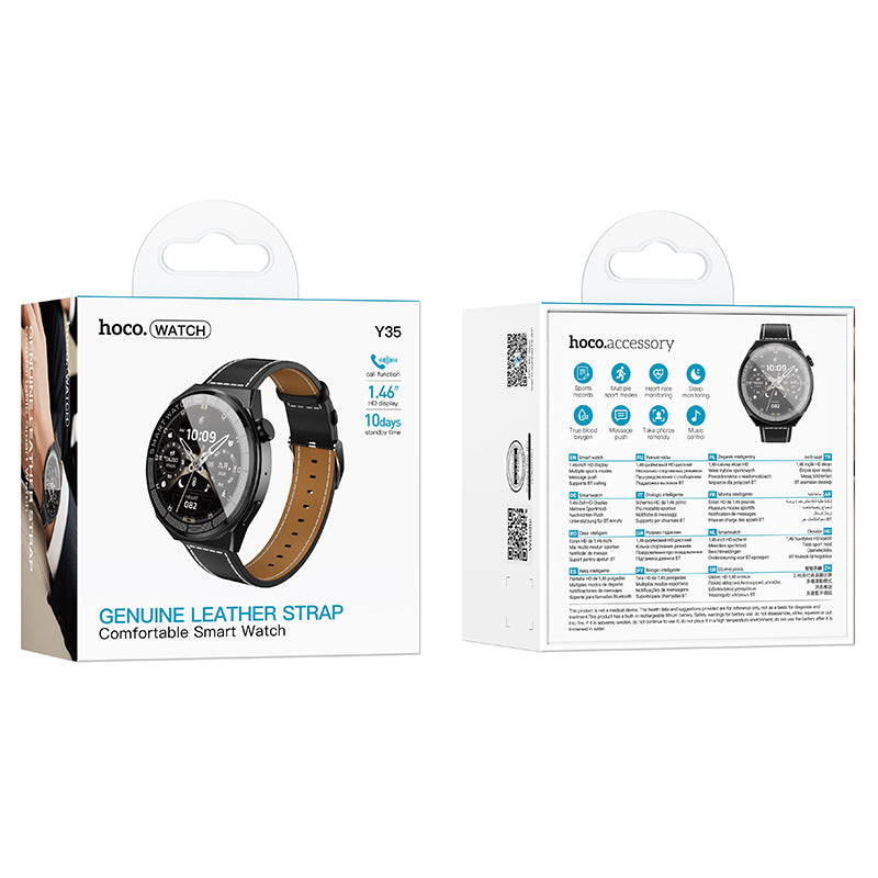 Smart Watch w/ Call Feature, IPX4 Waterproofing, 3~5 Days Battery Life, Genuine Leather Strap (Y35)
