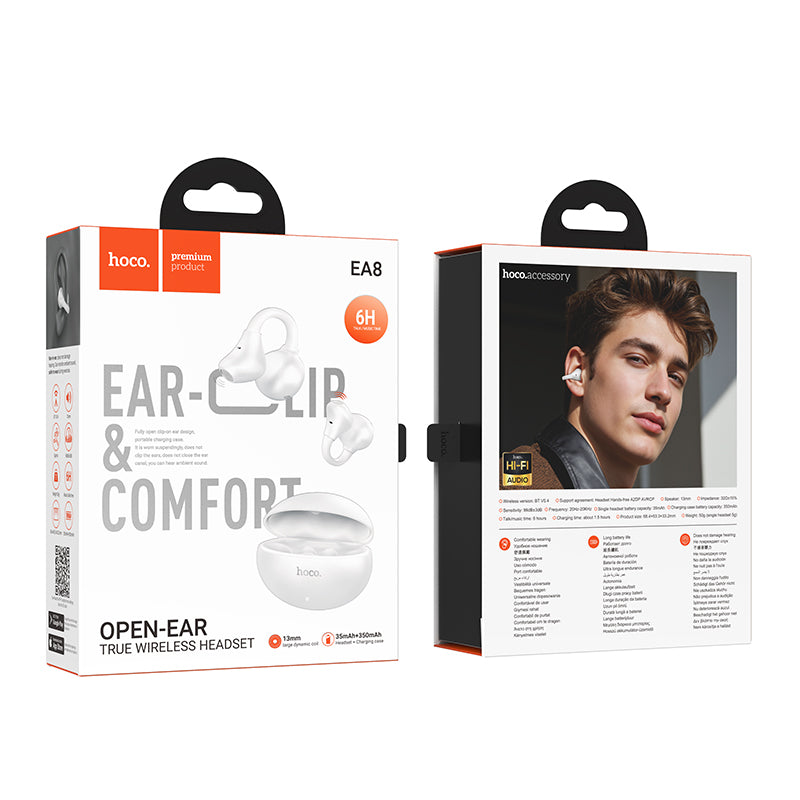Open-Ear TWS Clip-On Earbuds with 6 Hours, Hoco Music App (EA8)