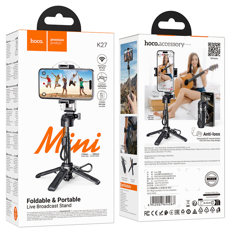 Mini Size Bluetooth Selfie Stick w/ 39cm Height Quadpod, V5.2 Remote, Secure Strap & Buckle (K27)