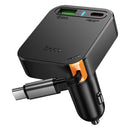 60W 3 Outputs PD+QC Super Fast Car Charger w/ Retractable Type C Cable (NZ18)