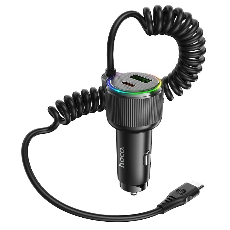 50W 3 Outputs PD+QC Super Fast Car Charger w/ LED Ambient Light, Attached Coiled Type C Cable (NZ17A)