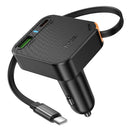 60W 3 Outputs PD+QC Super Fast Car Charger w/ Retractable Type C Cable (NZ18)