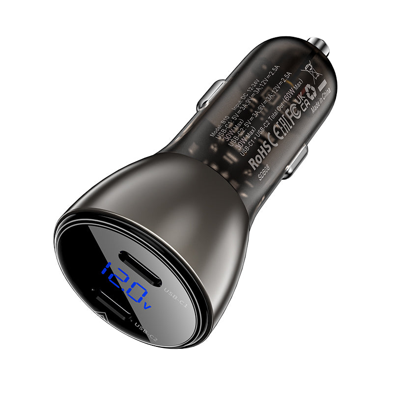 60W Dual USB-C Super Fast Car Charger w/ Digital Display, Transparent Body (B10)