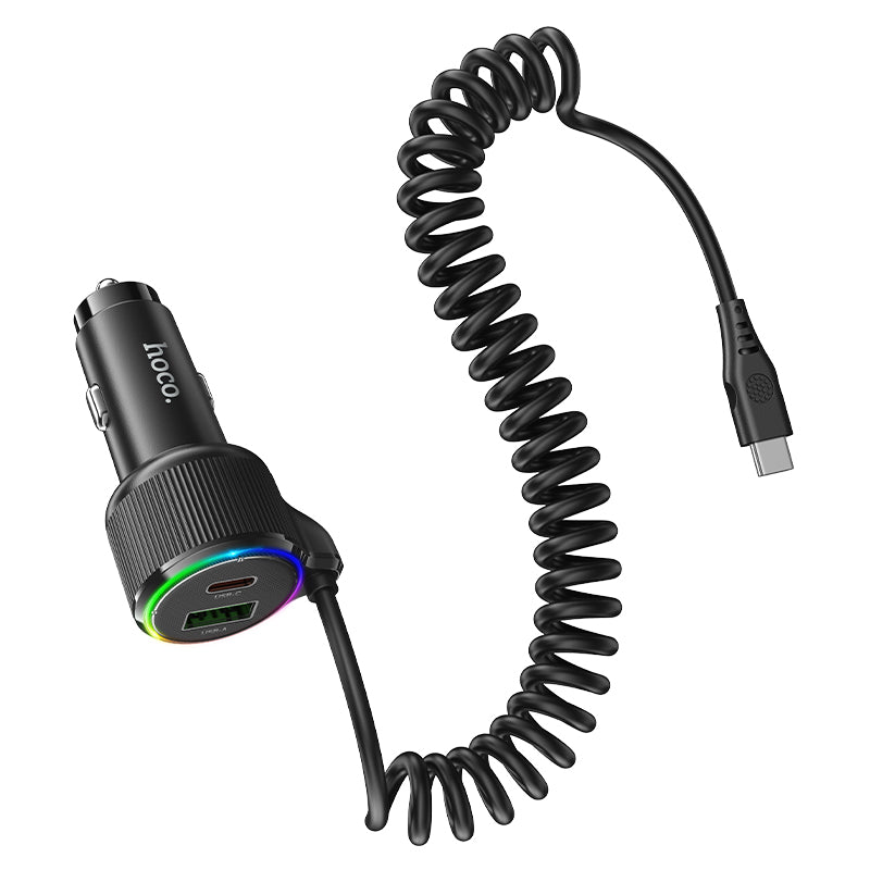 50W 3 Outputs PD+QC Super Fast Car Charger w/ LED Ambient Light, Attached Coiled Type C Cable (NZ17A)