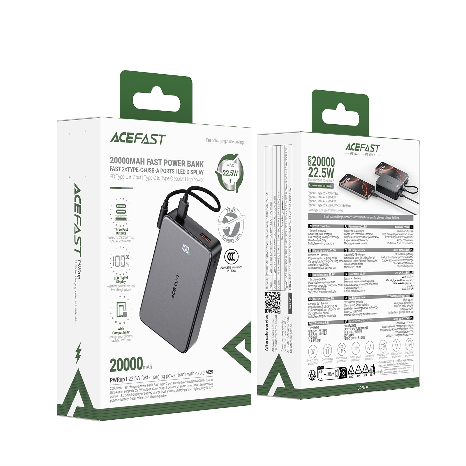22.5W PD+QC Power Bank with Battery % Display, Detachable Cable, CCC C