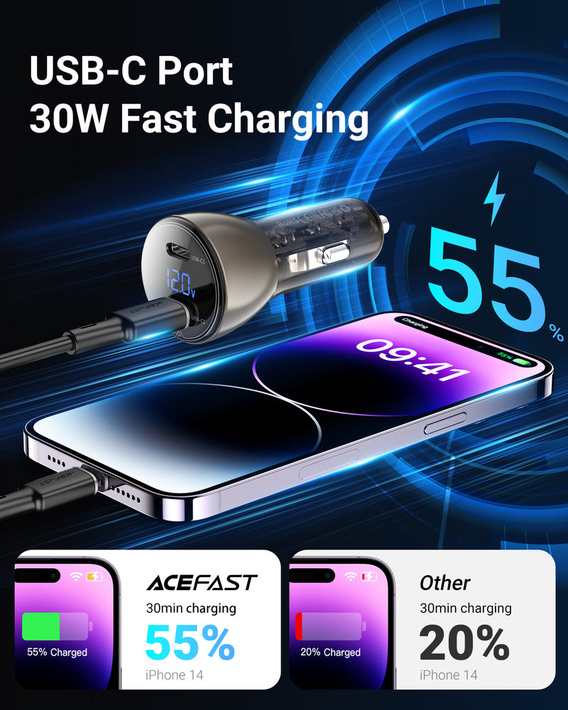 60W Dual USB-C Super Fast Car Charger w/ Digital Display, Transparent Body (B10)