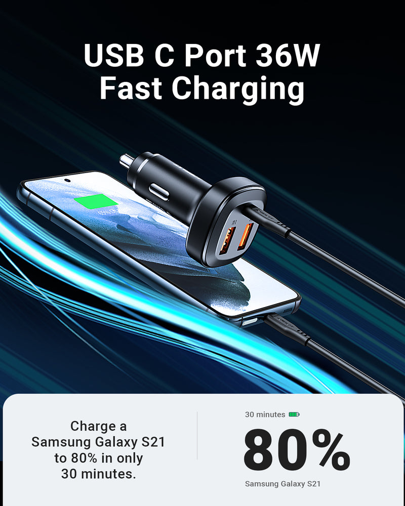 66W 3-Port Super Fast Car Charger w/ 2 x USB-A + UAB-C, Zinc Alloy Body (B9)