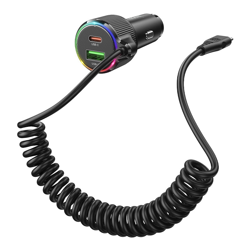 50W 3 Outputs PD+QC Super Fast Car Charger w/ LED Ambient Light, Attached Coiled Type C Cable (NZ17A)