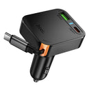 60W 3 Outputs PD+QC Super Fast Car Charger w/ Retractable Type C Cable (NZ18)