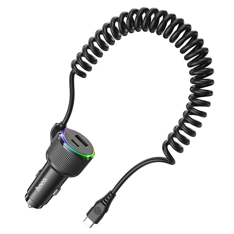 50W 3 Outputs PD+QC Super Fast Car Charger w/ LED Ambient Light, Attached Coiled Type C Cable (NZ17A)