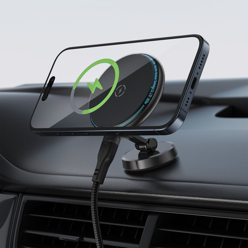 15W Magnetic Wireless Charging Dashboard Phone Holder w/ Zinc Alloy Body, Multi Hinge Foldable (D30)