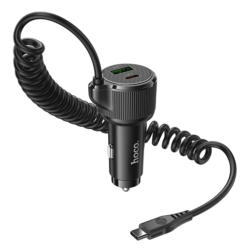 50W 3 Outputs PD+QC Super Fast Car Charger w/ LED Ambient Light, Attached Coiled Type C Cable (NZ17A)