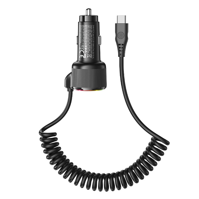 50W 3 Outputs PD+QC Super Fast Car Charger w/ LED Ambient Light, Attached Coiled Type C Cable (NZ17A)