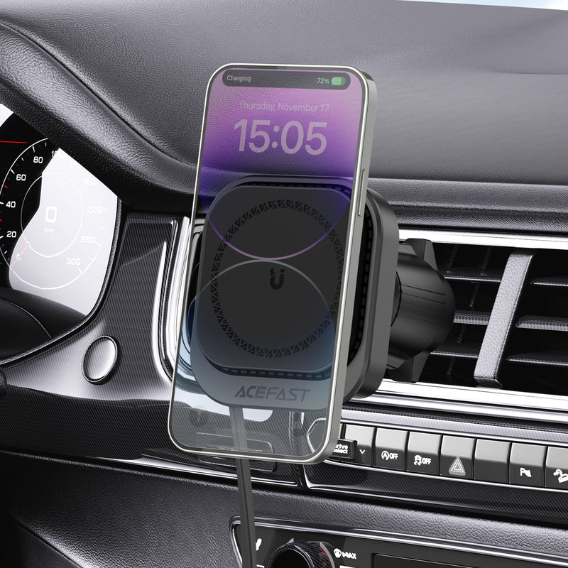 15W Magnetic Wireless Charging Air Vent Phone Holder w/ Built-in Retractable Cable (D32)