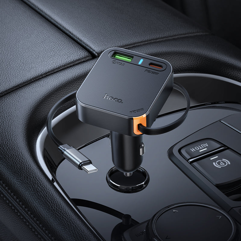 60W 3 Outputs PD+QC Super Fast Car Charger w/ Retractable Type C Cable (NZ18)
