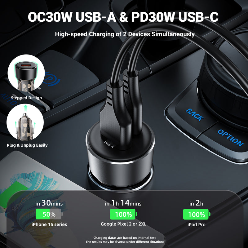 60W PD+QC Super Fast Car Charger w/ Metallic & Transparent Body (B12)