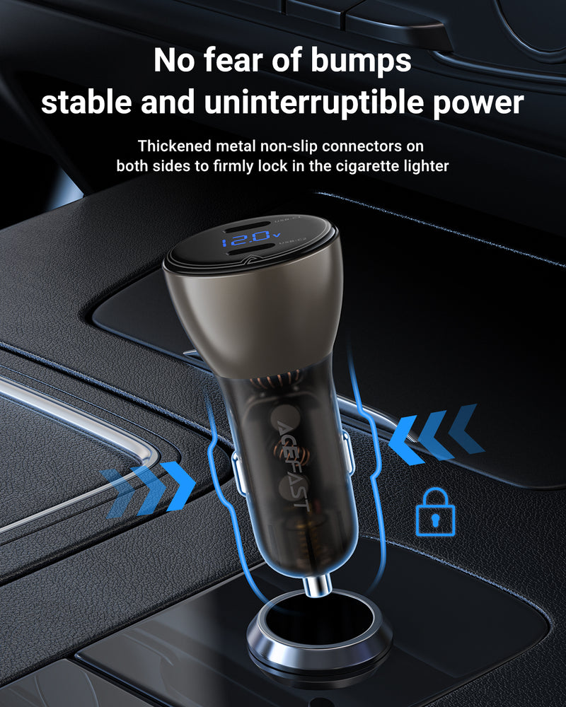 60W Dual USB-C Super Fast Car Charger w/ Digital Display, Transparent Body (B10)