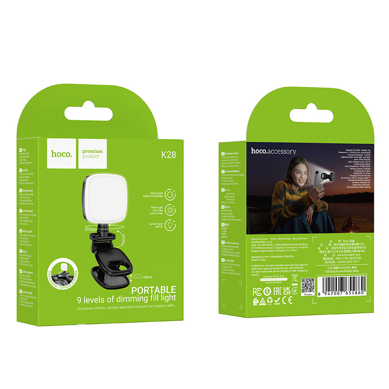 Portable Mini LED Fill Light, 9 Levels of Dimming, 2700K-6500K Color Temperature Range (K28)