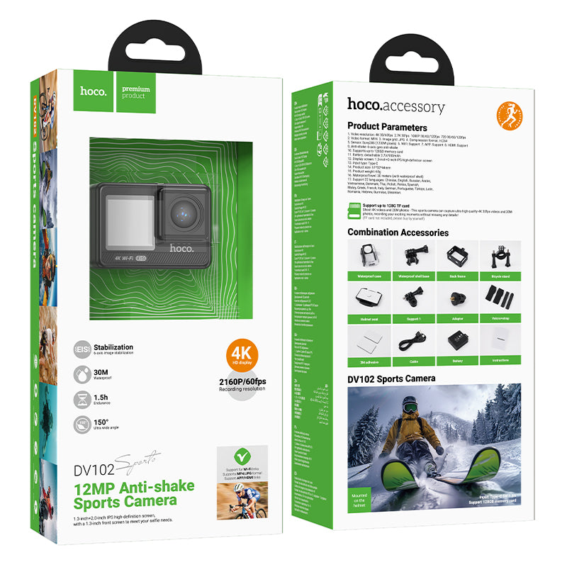 4K 2160P/60FPS Sports Camera w/ 12MP EIS Stabilization Anti Shake, 30M Waterproof, Front & Back Dual Screen (DV102)