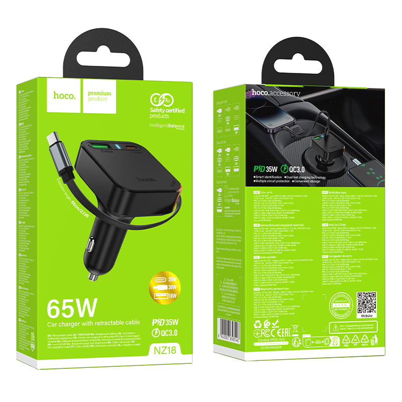 60W 3 Outputs PD+QC Super Fast Car Charger w/ Retractable Type C Cable (NZ18)