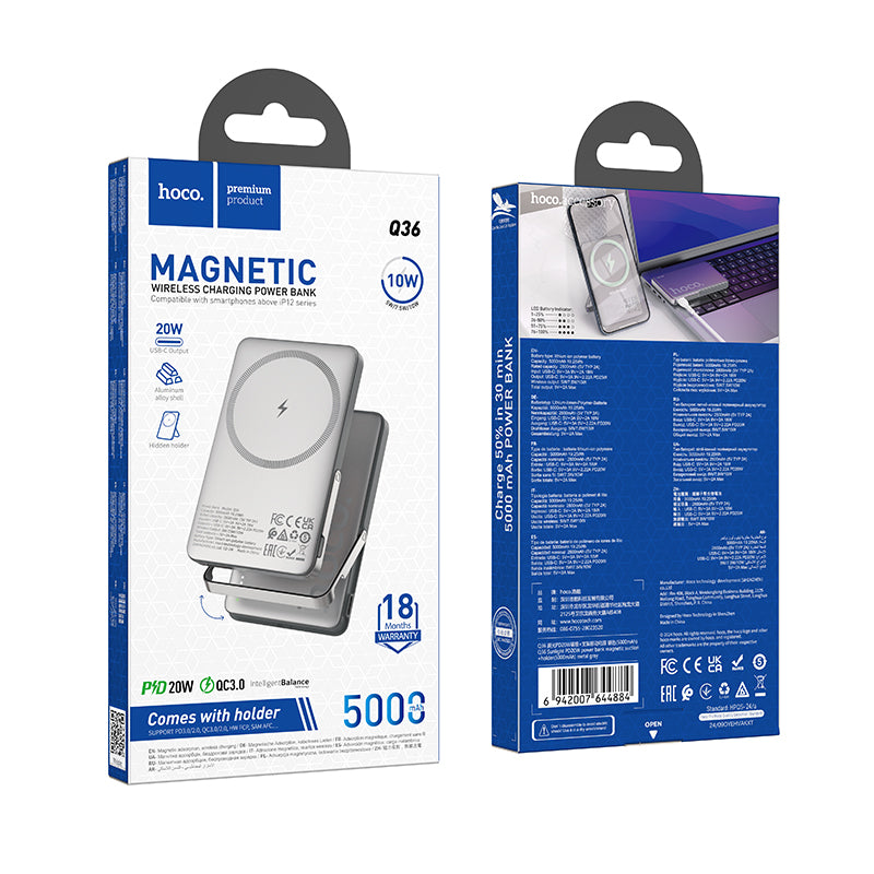 Magnetic 20W PD+QC Wireless Charging Power Bank w/ Ultra Thin, Aluminum Alloy Body, Kick Stand (5000mAh) (Q36)