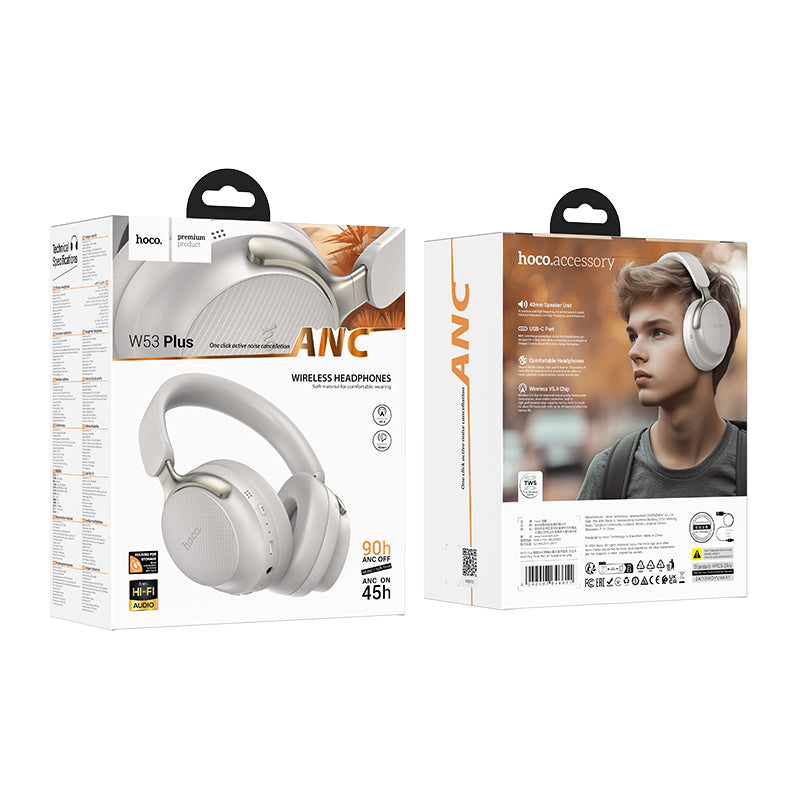 Premium Bluetooth Headset w/ 90 Hours, ANC Noise Cancelling, Light Weight Comfort Fit (W53 Plus)