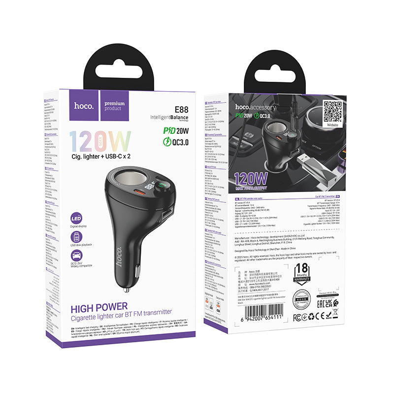 120W FM Car Kit with PD+QC, Cigarette Lighter Hub, LED Display (E88)