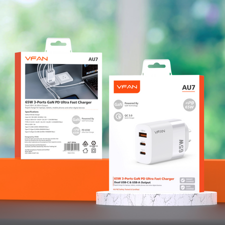 65W GaN Ultra Fast Charger w/ 2 USB-C & USB-A (AU7)