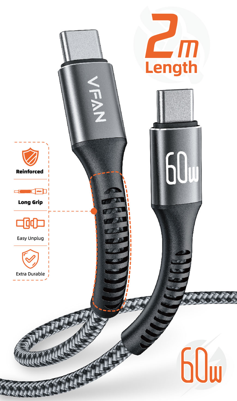 Super Fast Charging Cable with Reinforced Long Grip (X22) - 60W Type C to Type C (2 Meter)