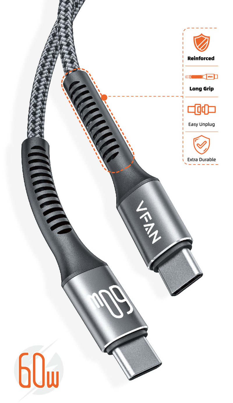 Super Fast Charging Cable with Reinforced Long Grip (X22) - 60W Type C to Type C (2 Meter)