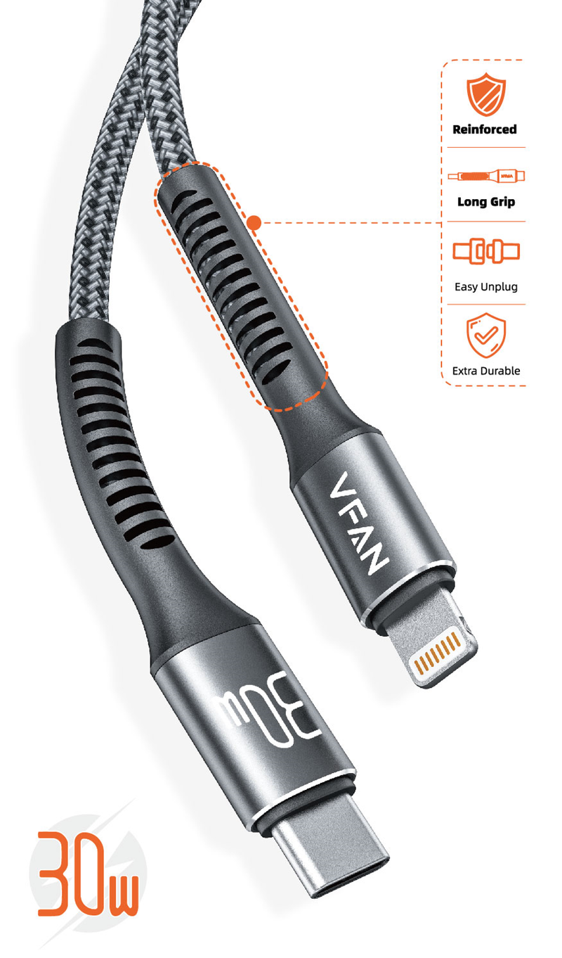 Super Fast Charging Cable with Reinforced Long Grip (X22) - 30W Lightning to Type C