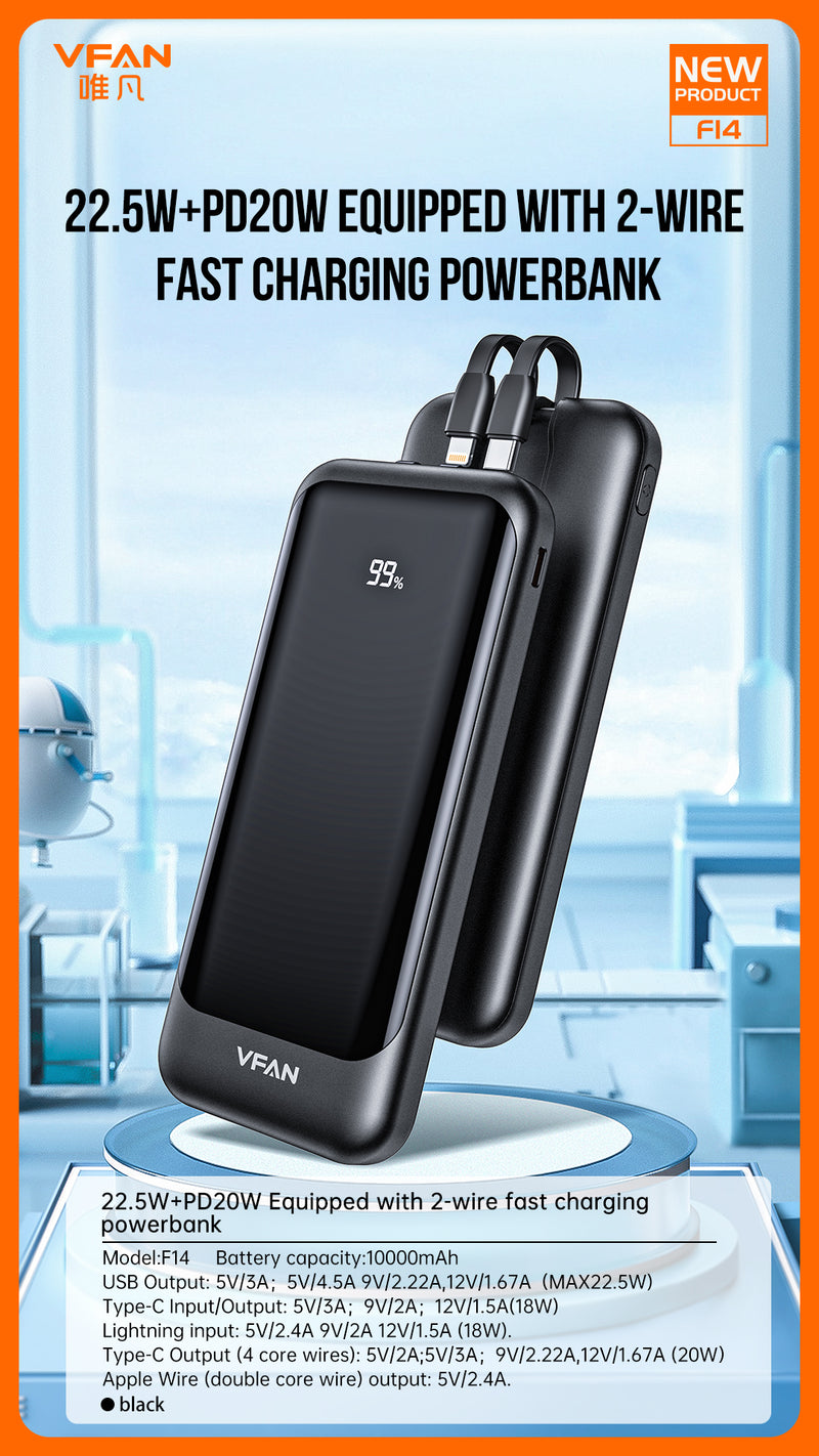 22.5W PD+QC Power Bank w/ LED % Display, 2 Cables (10000mAh) (F14)