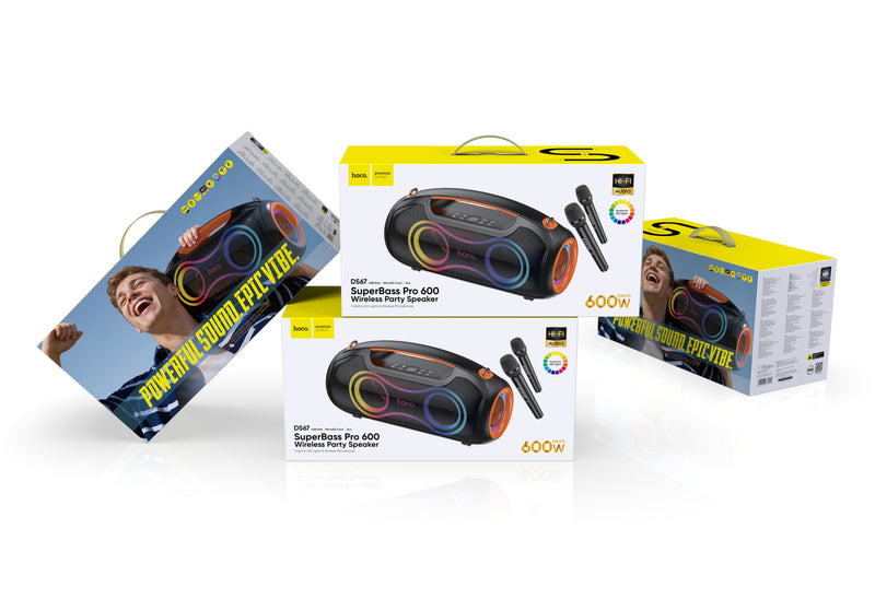 600W Bluetooth Party Speaker with 2 Wireless Microphones, RGB Light, 6000mAh Battery, IPX5 Waterproof (DS67)