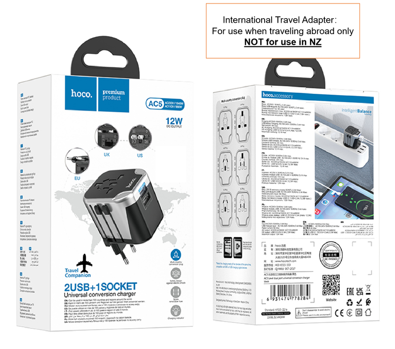 International Travel Power Adapter w/ 2 USB (AC5)