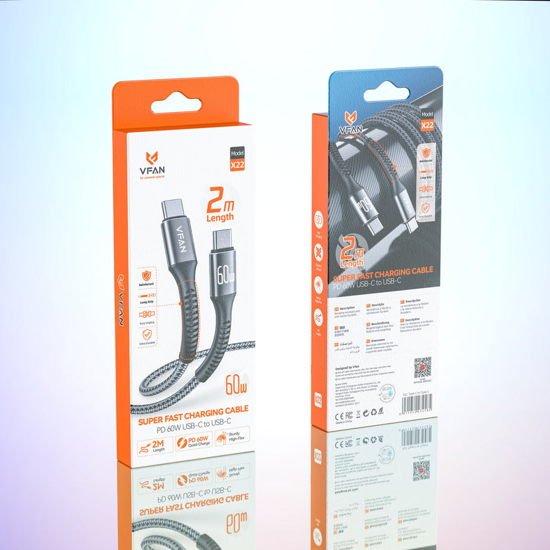 Super Fast Charging Cable with Reinforced Long Grip (X22) - 60W Type C to Type C