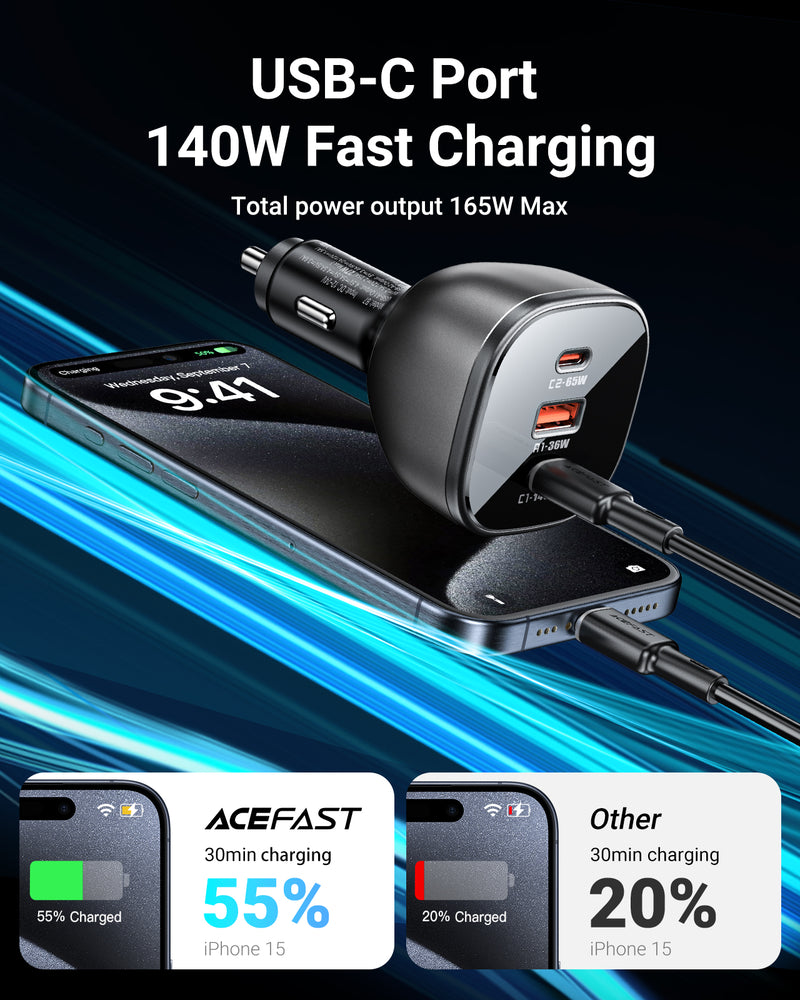 165W High Power 3-Port Car Charger w/ 2 x USB-C + USB-A, PD3.1 Microchip (B14)