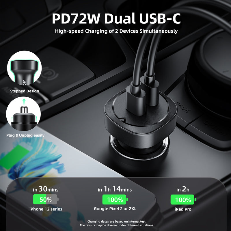 72W Dual USB-C Super Fast Car Charger (B2)